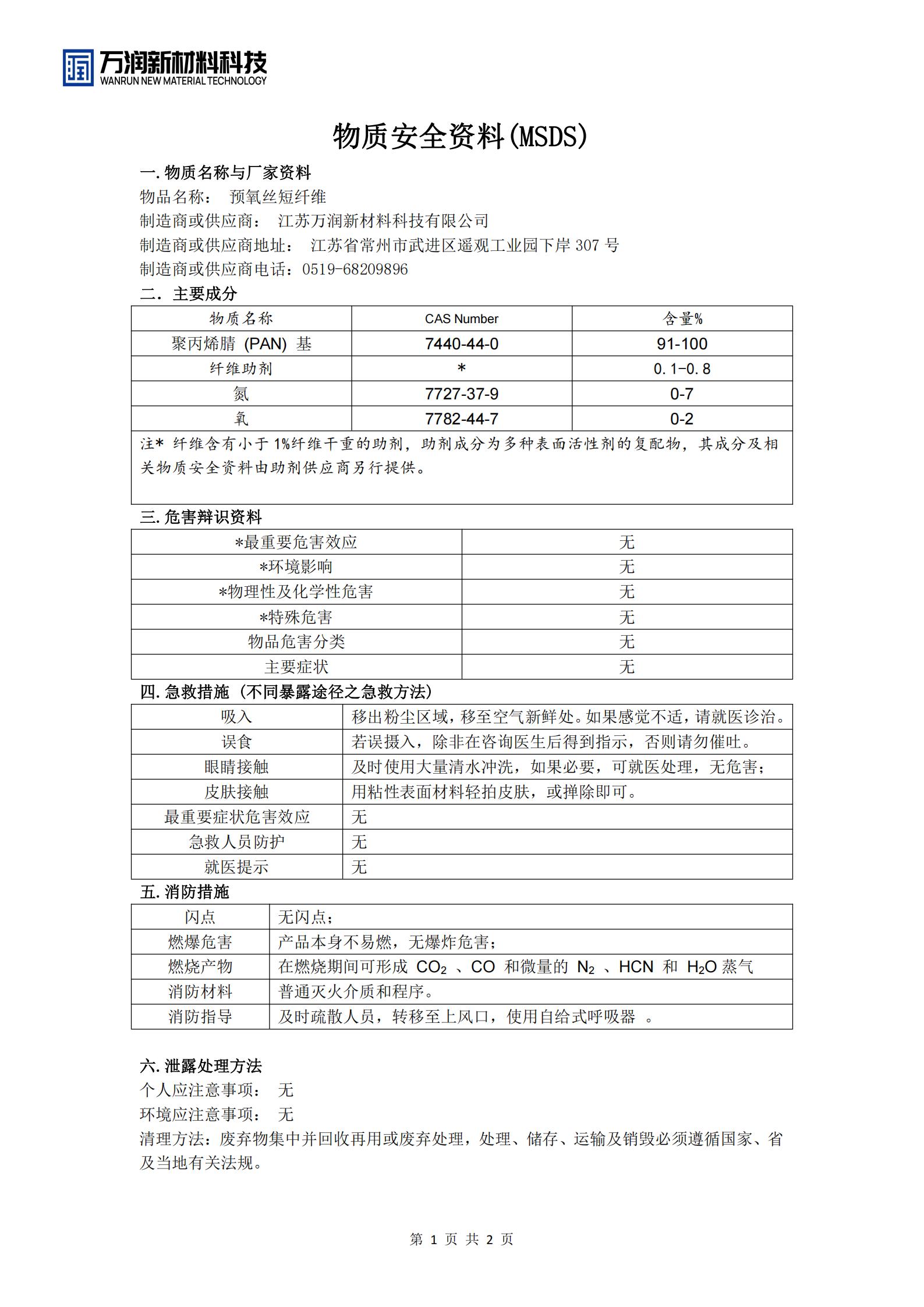 预氧丝物质安全资料(MSD